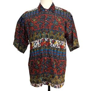Vintage Forum Mens Large Short Sleeve Shirt Abstract Tribal Batik Cotton 80s 90s